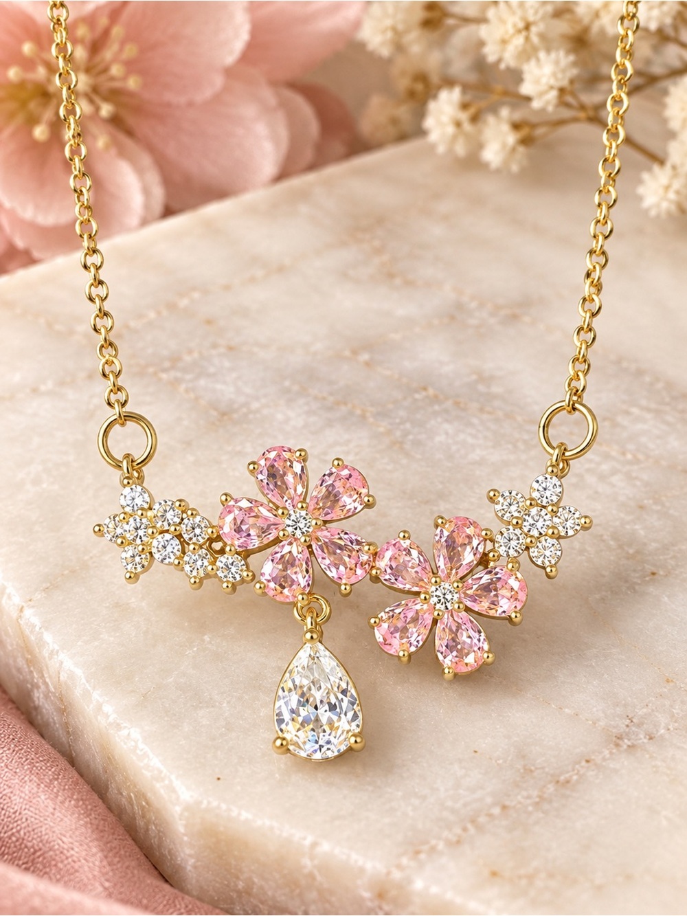 🌸 Gold Tone Pink Crystal Floral Necklace Pear Drop Pendant Romantic Boho